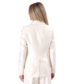 Elegant satin-finish jacket with lapel and decorative flower