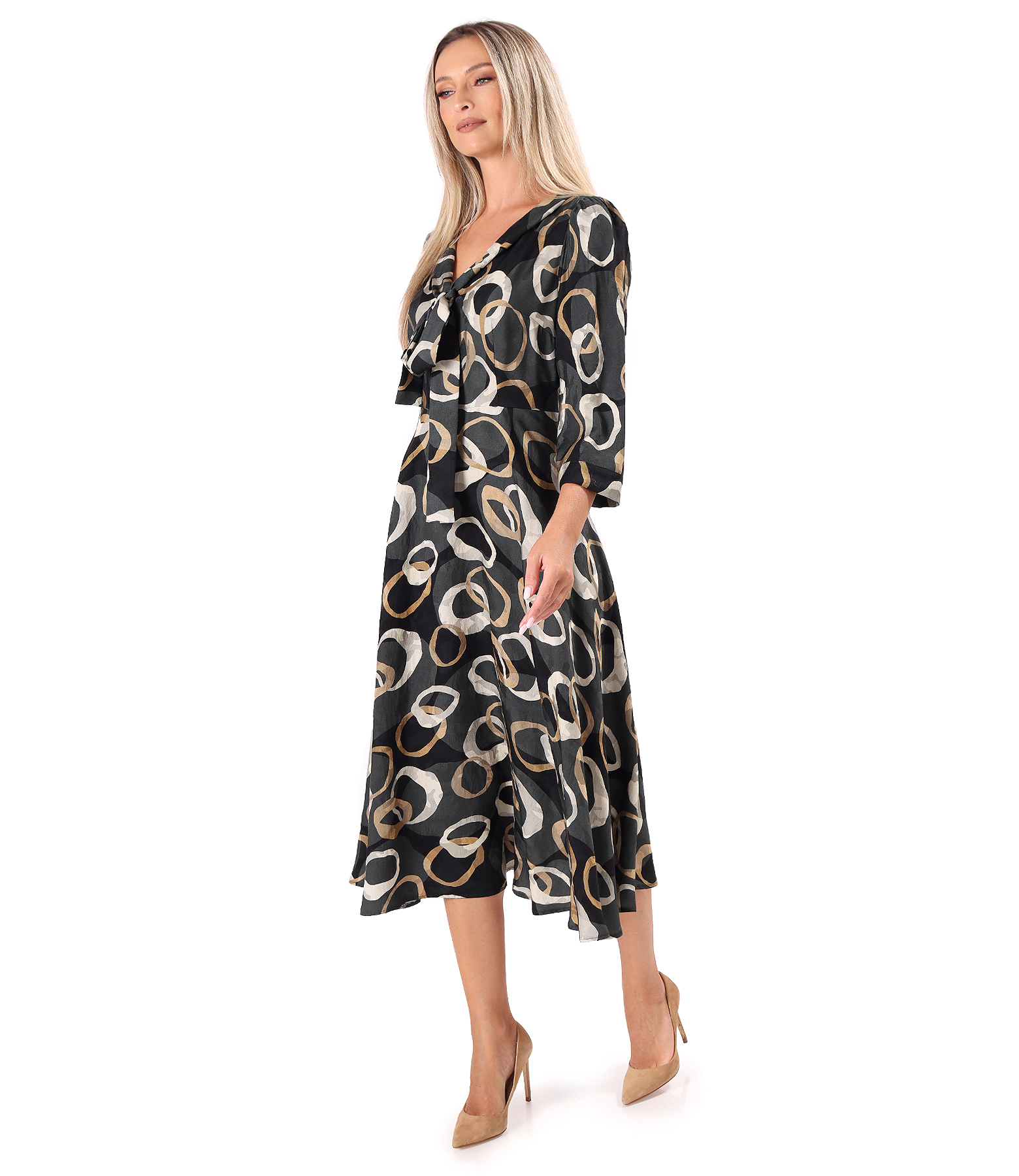 Midi viscose dress with scarf collar