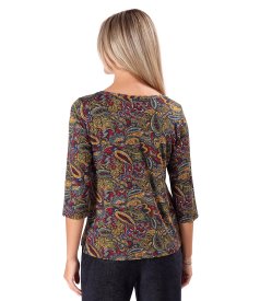 Stretch viscose jersey blouse with paisley print