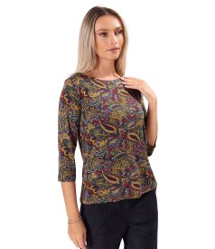 Stretch viscose jersey blouse with paisley print