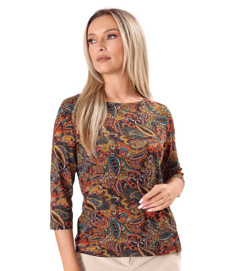 Stretch viscose jersey blouse with paisley print