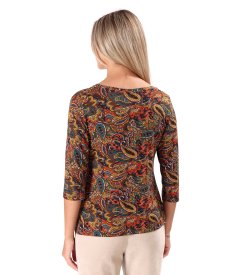 Stretch viscose jersey blouse with paisley print