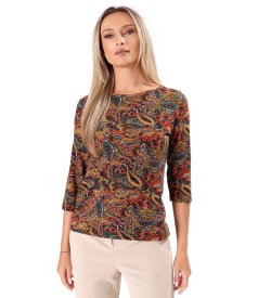 Stretch viscose jersey blouse with paisley print