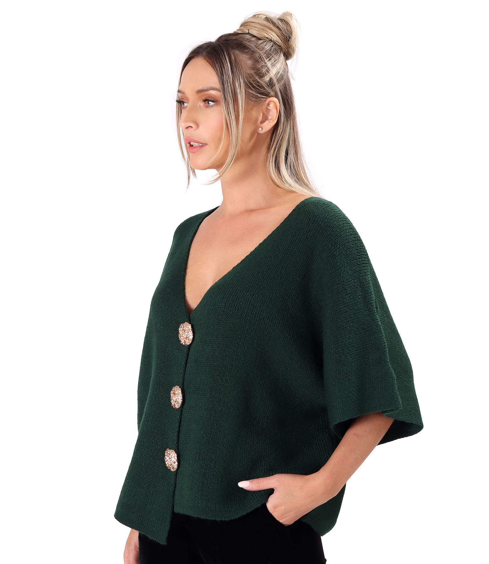 Relaxed-fit knit cardigan with detachable brooch-style gold buttons