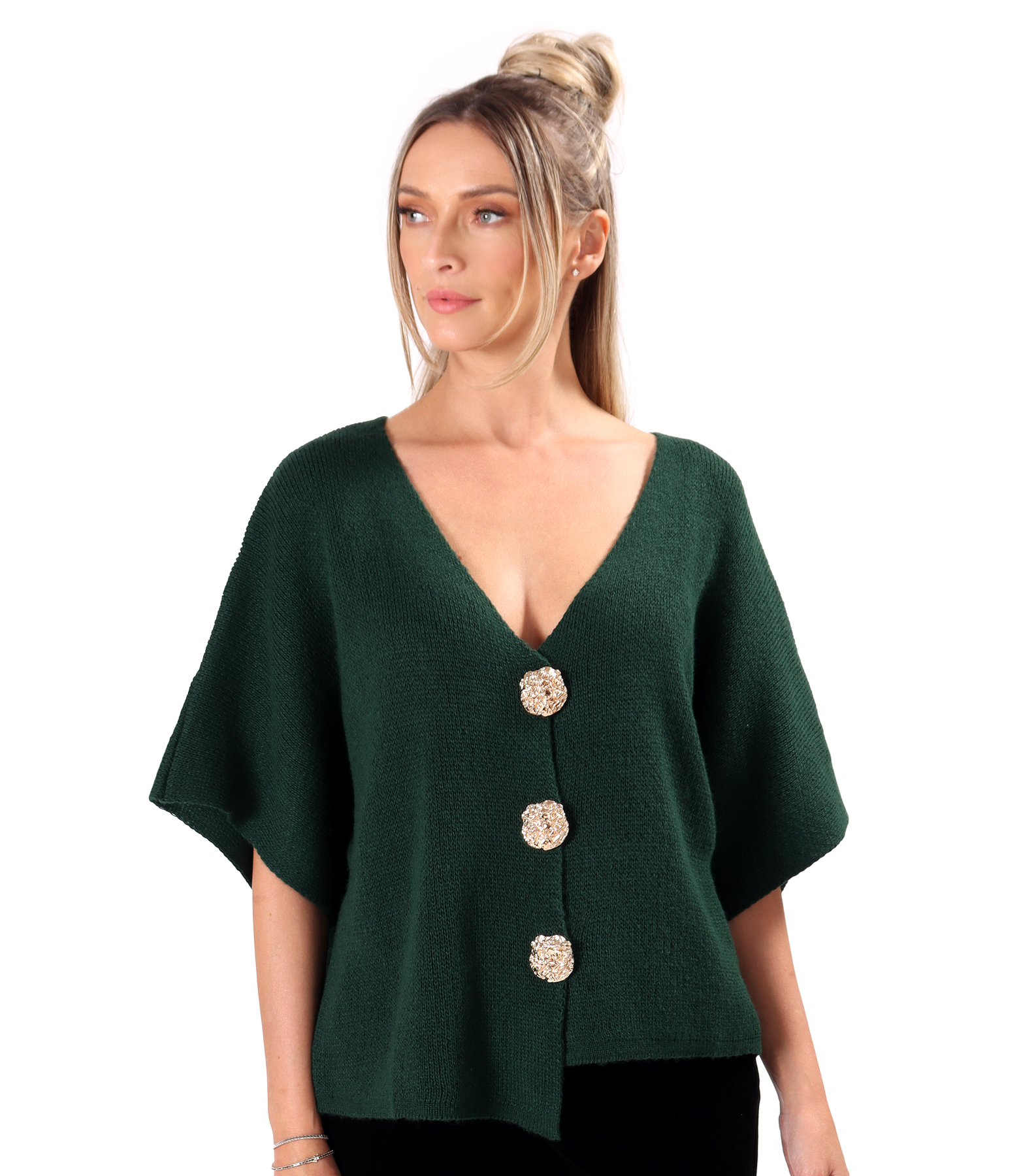 Relaxed-fit knit cardigan with detachable brooch-style gold buttons