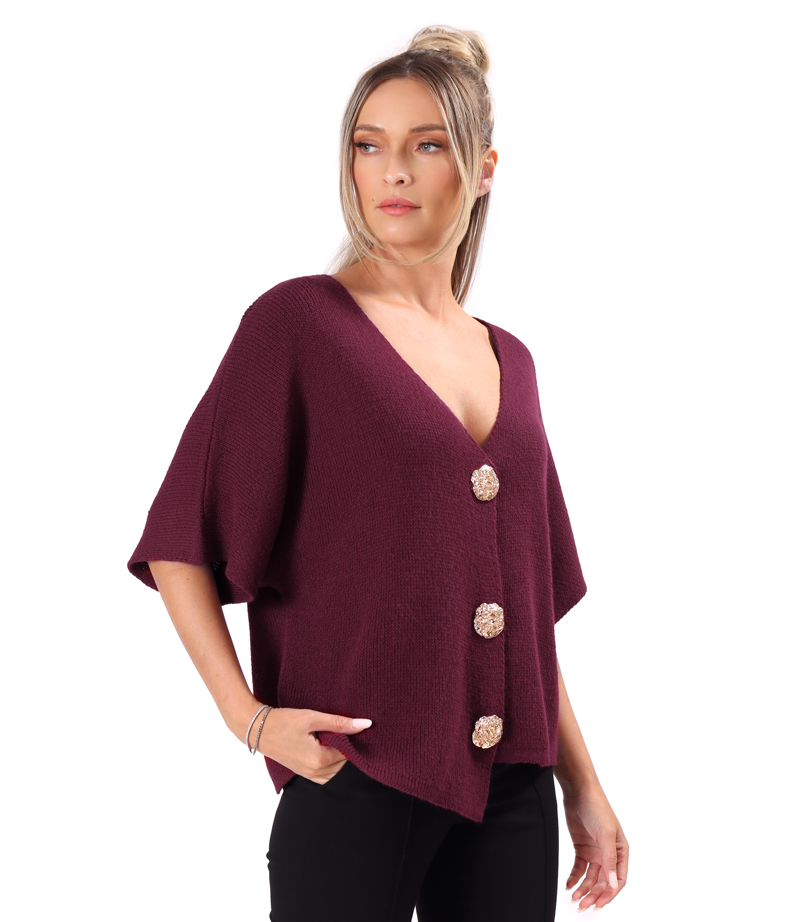 Relaxed-fit knit cardigan with detachable brooch-style gold buttons