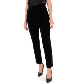 Black stretch velvet tapered trousers