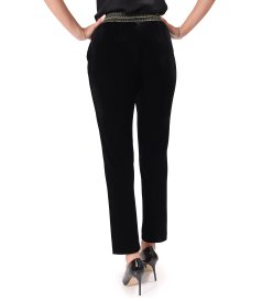 Black stretch velvet tapered trousers