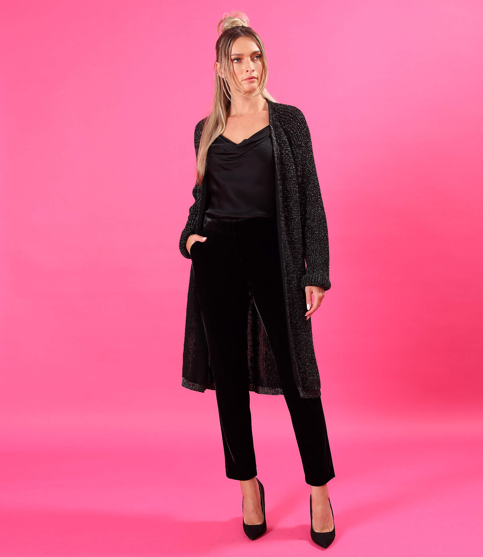 Long knitted cardigan in textured yarn