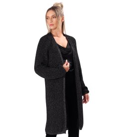 Cardigan lung tricotat cu fir de efect