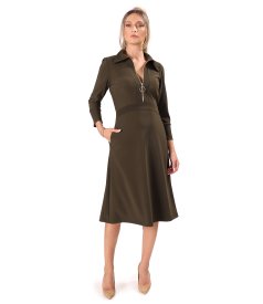 Rochie office evazata cu fermoar auriu si buzunare laterale