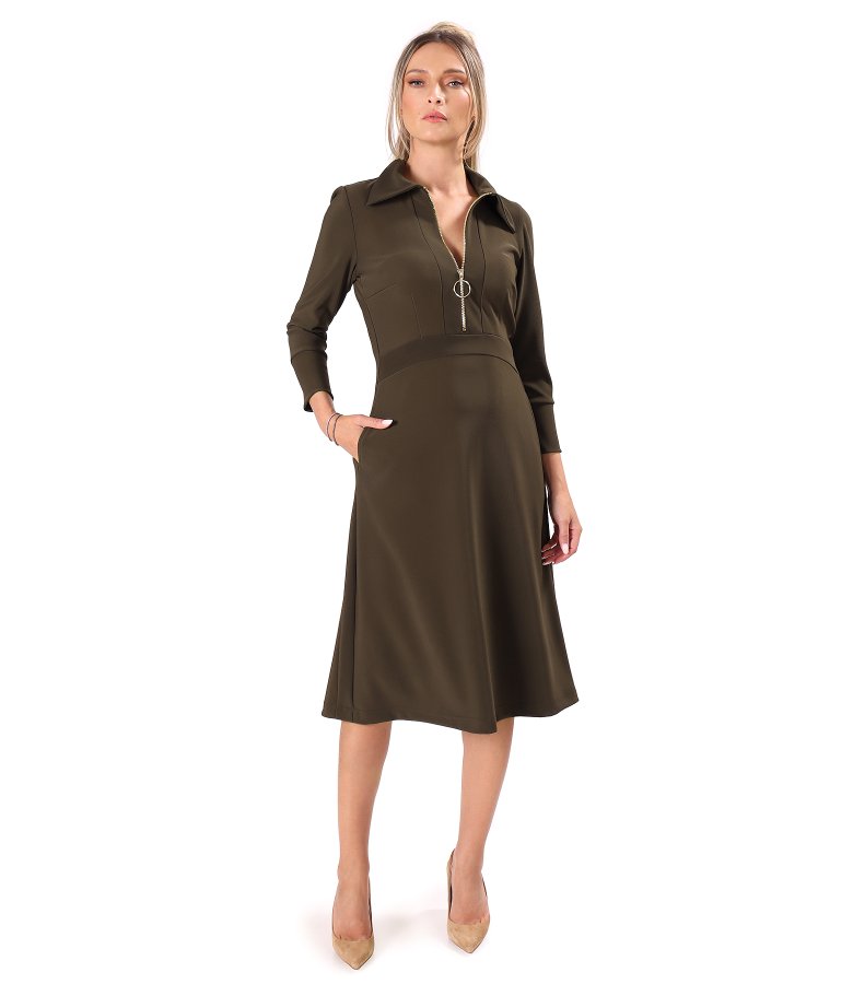 Flared office dress with gold zip and side pockets