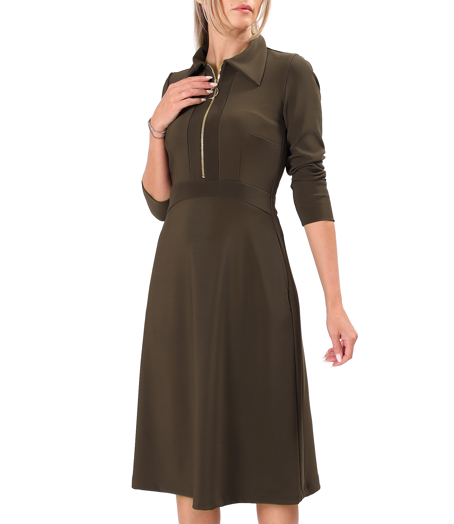 Flared office dress with gold zip and side pockets