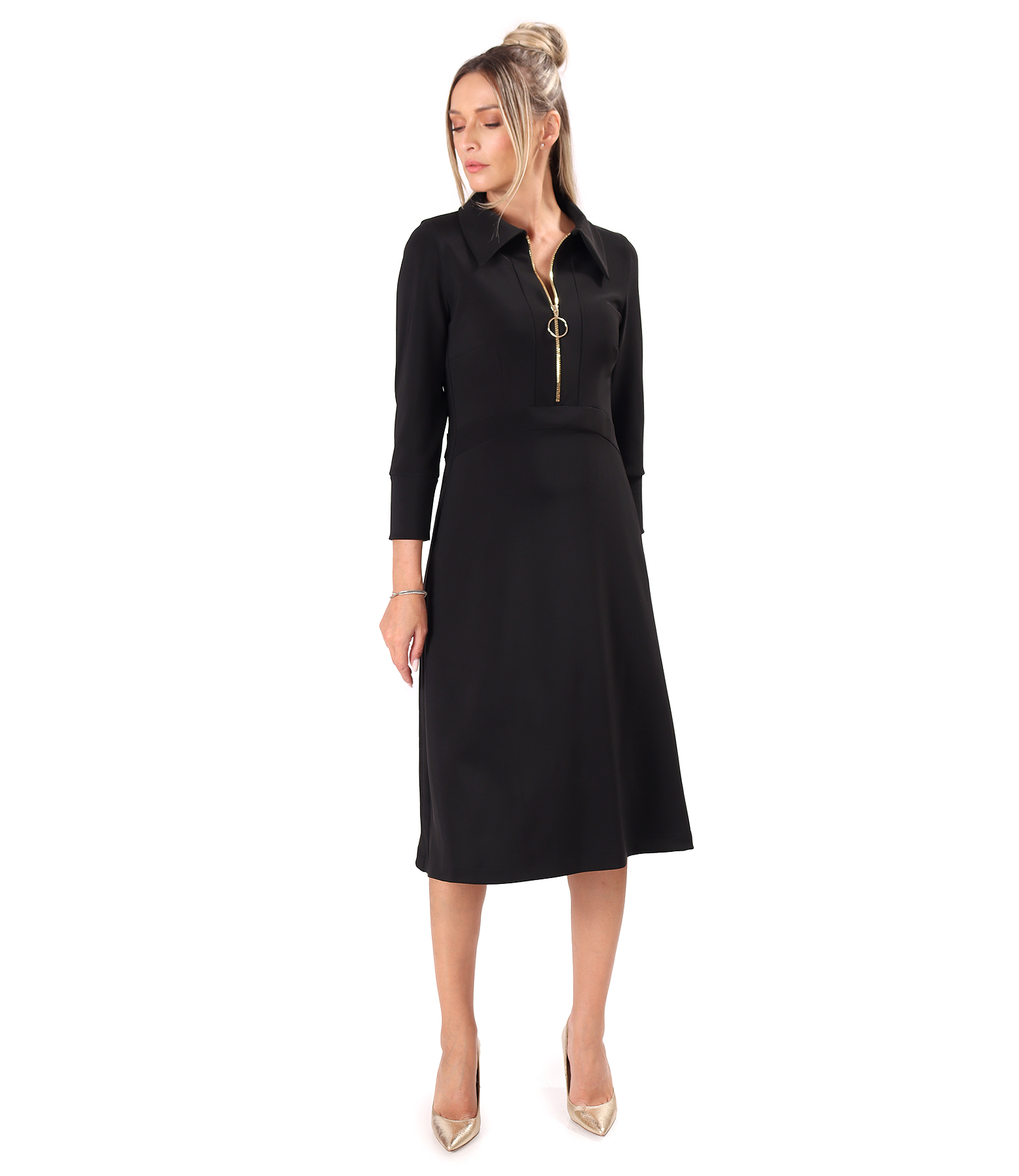 Flared office dress with gold zip and side pockets