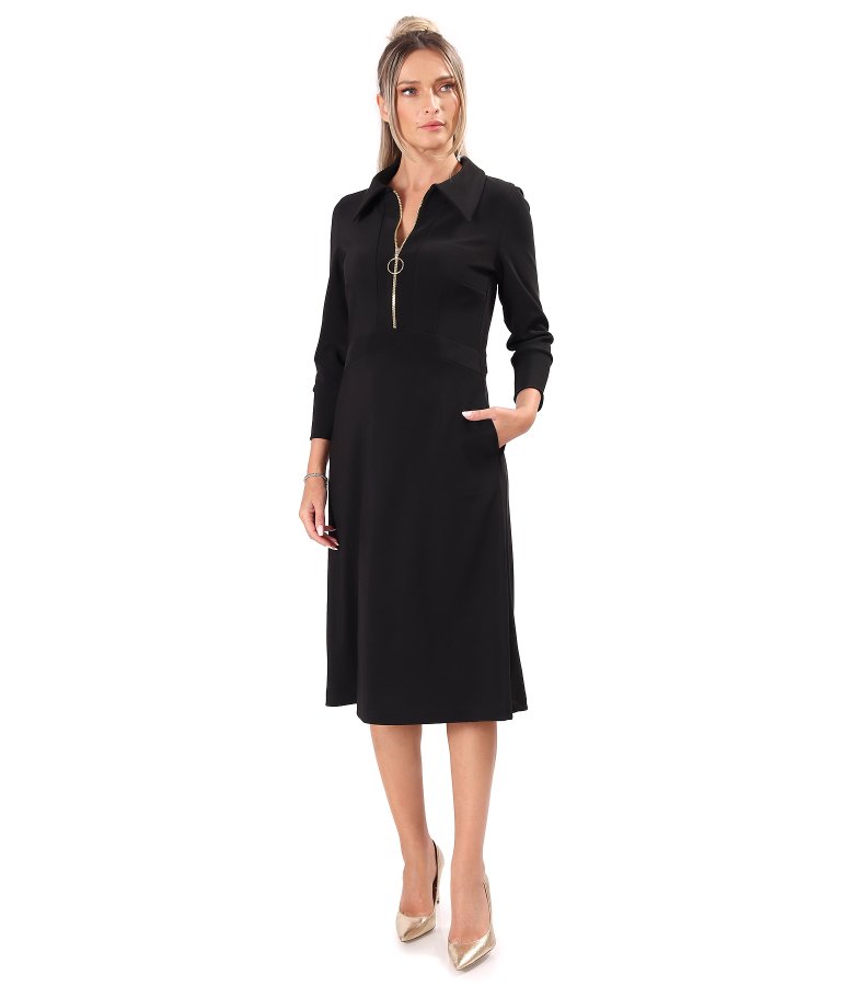 Flared office dress with gold zip and side pockets