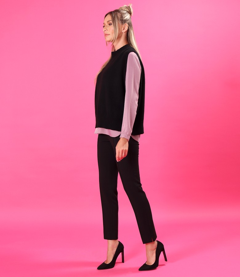 Elegant outfit with knitted vest and satin viscose shirt