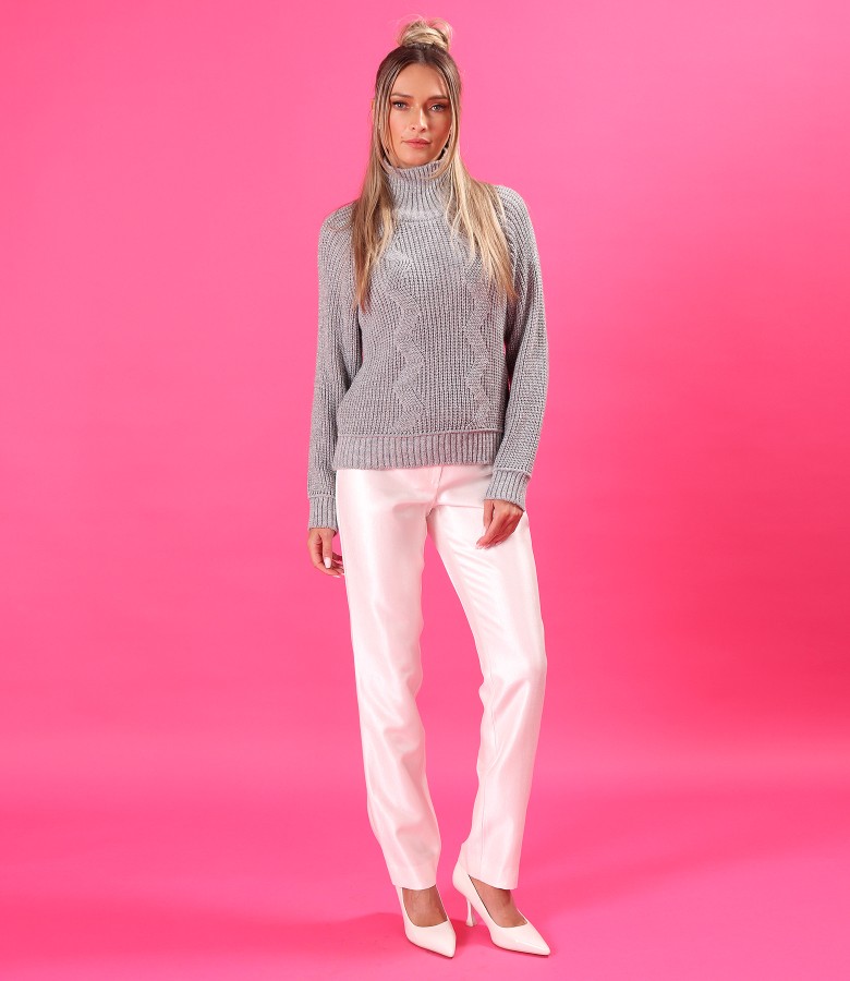 Knitted high-neck sweater with straight-leg trousers in satin-look fabric