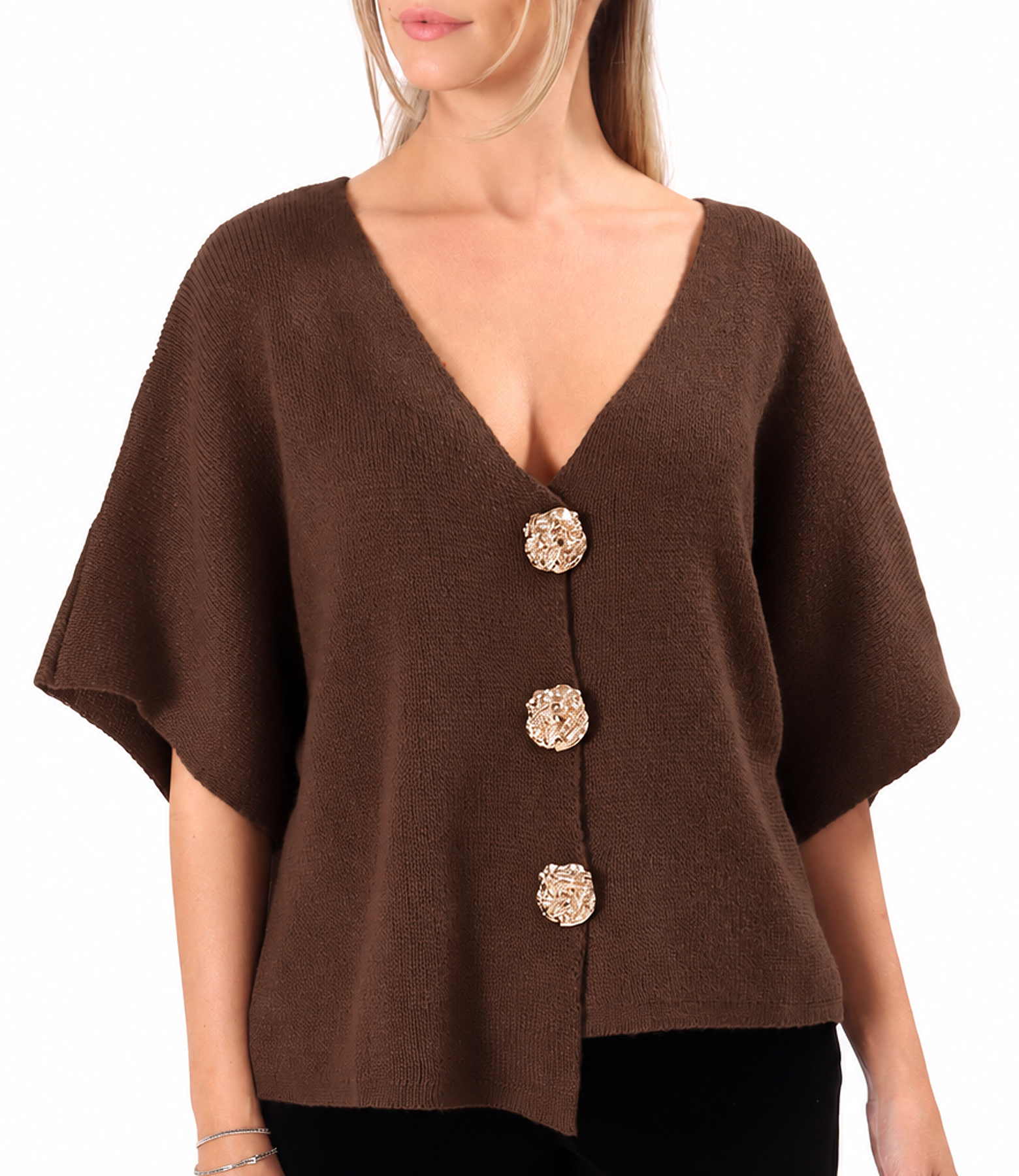 Relaxed-fit knit cardigan with detachable brooch-style gold buttons