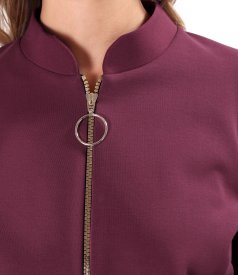 Bomber-style jacket crafted from cotton-blend scuba fabric with a gold zipper