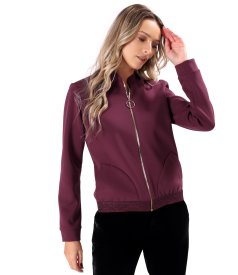 Bomber-style jacket crafted from cotton-blend scuba fabric with a gold zipper