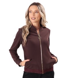 Bomber-style jacket crafted from cotton-blend scuba fabric with a gold zipper