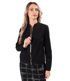 Bomber-style jacket crafted from cotton-blend scuba fabric with a gold zipper