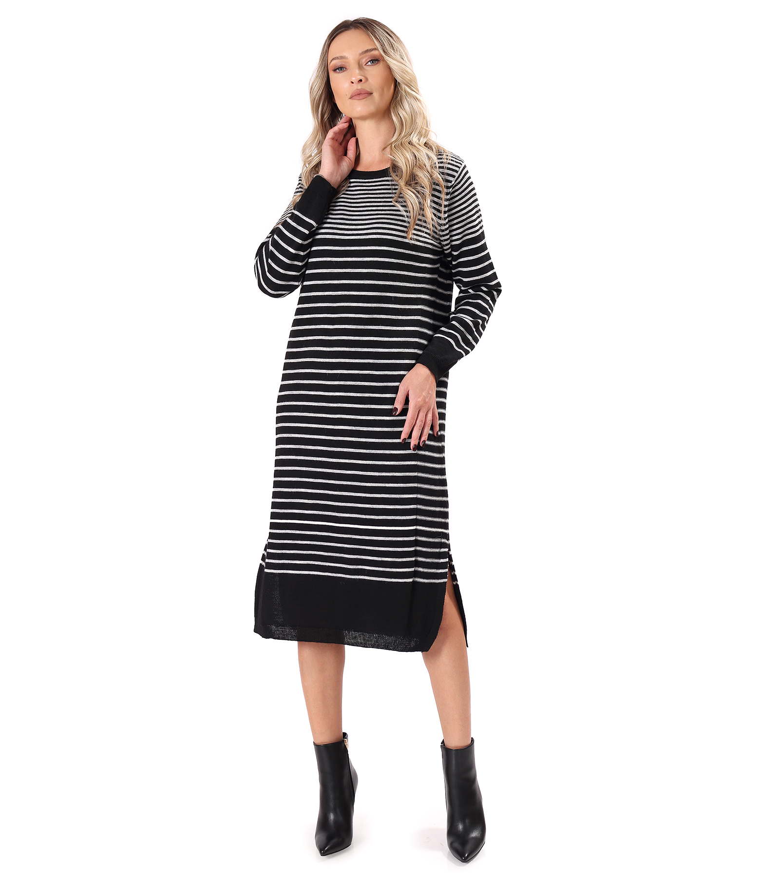 Striped knitted midi dress with side slits