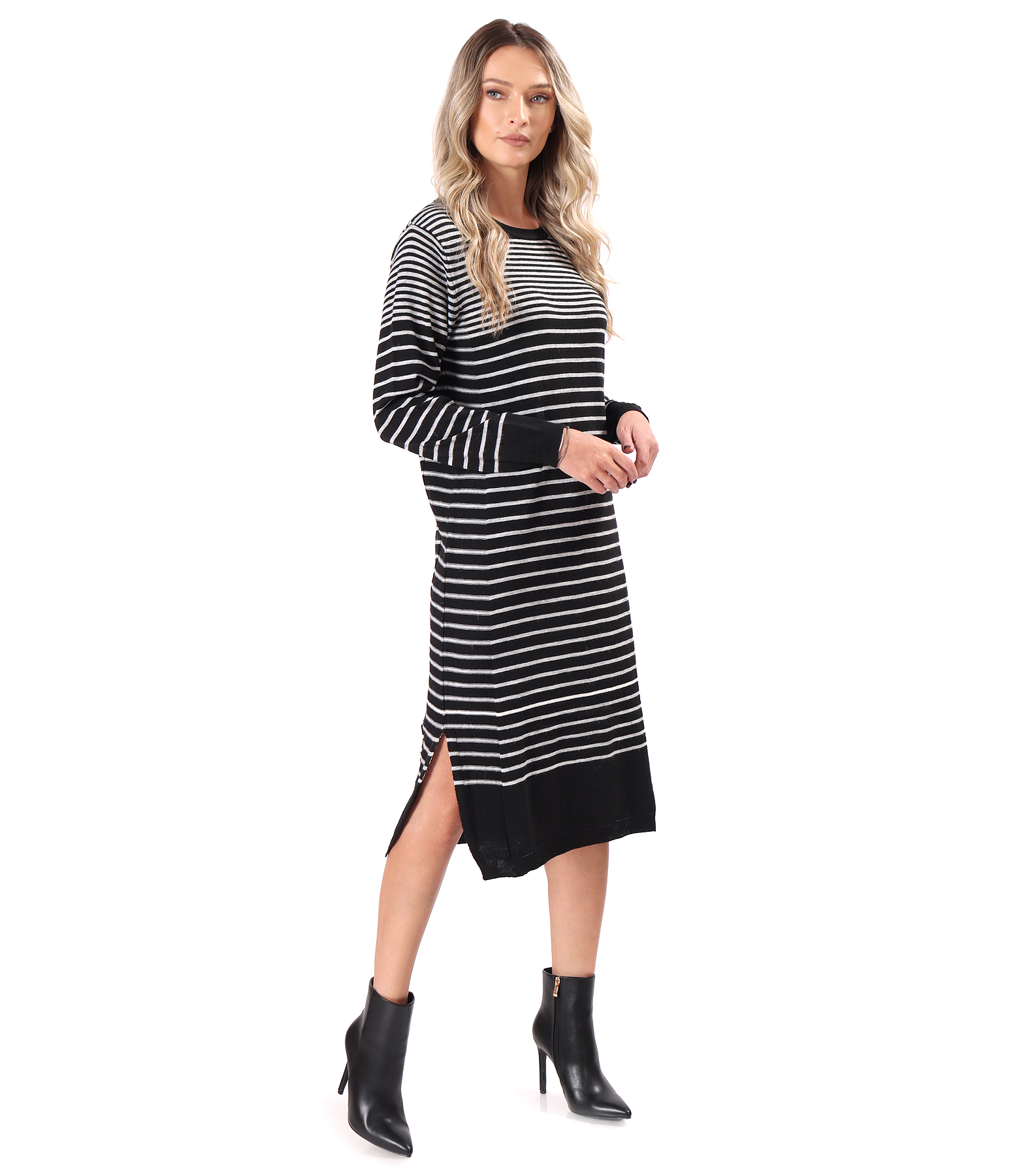 Striped knitted midi dress with side slits
