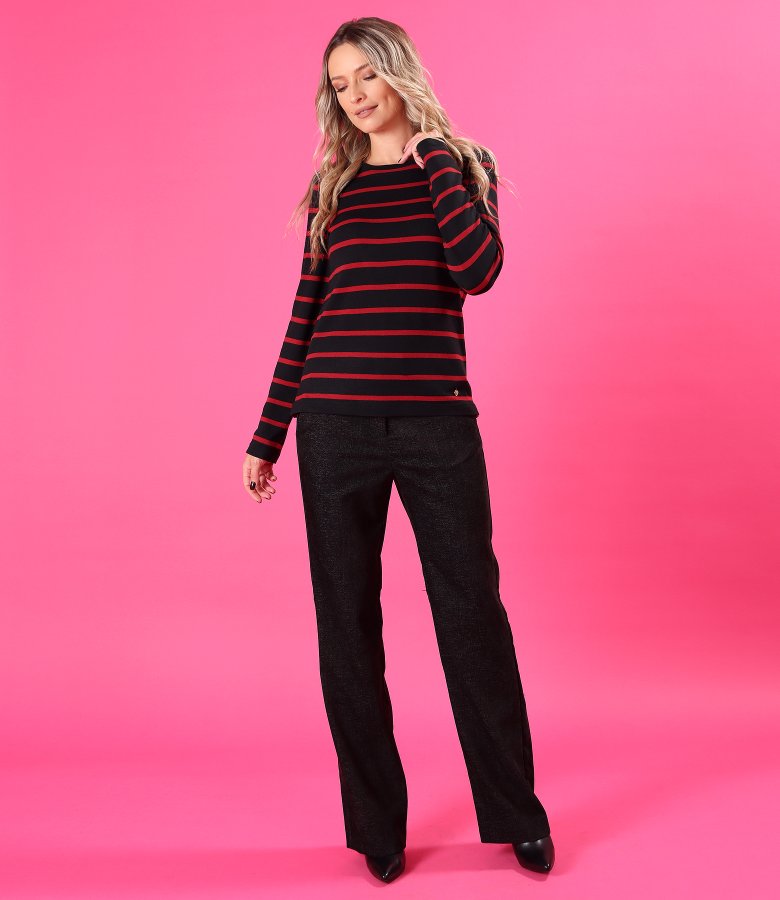 Thick stretch wool-blend jersey top with horizontal stripes