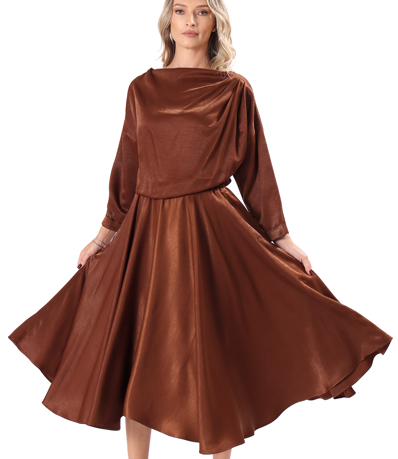 Elegant midi dress in satin viscose-blend fabric