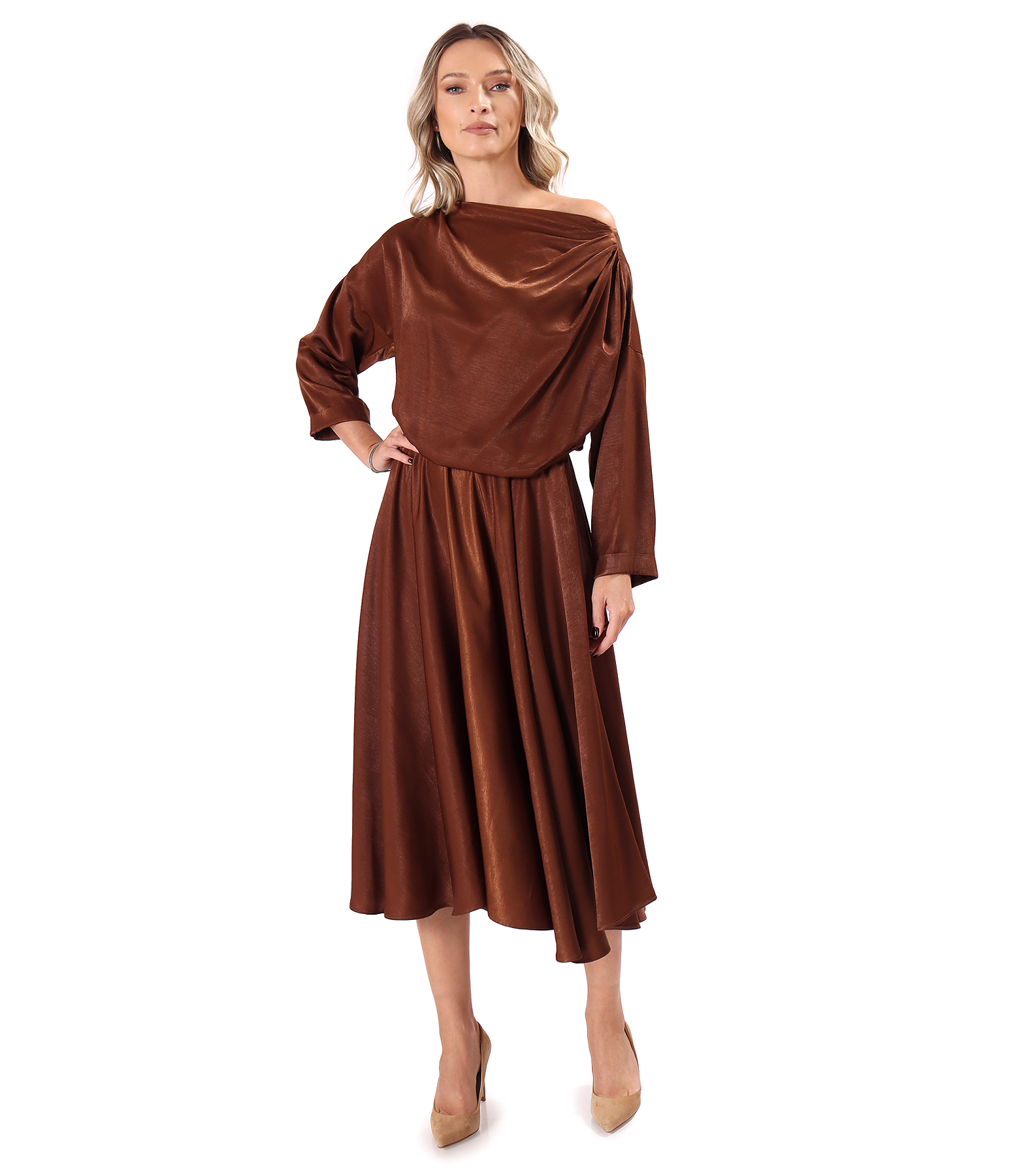 Elegant midi dress in satin viscose-blend fabric