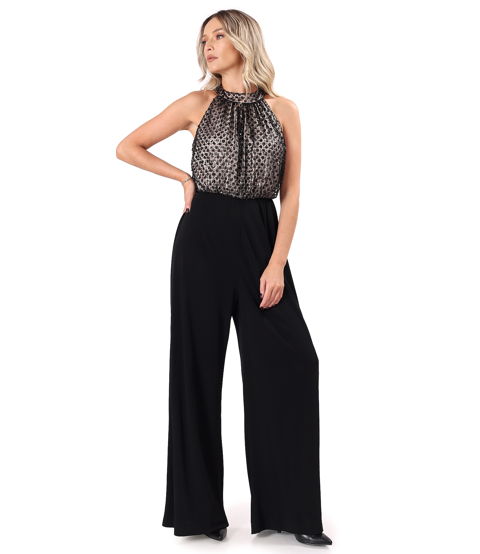 Long evening jumpsuit with a beaded sequin bodice