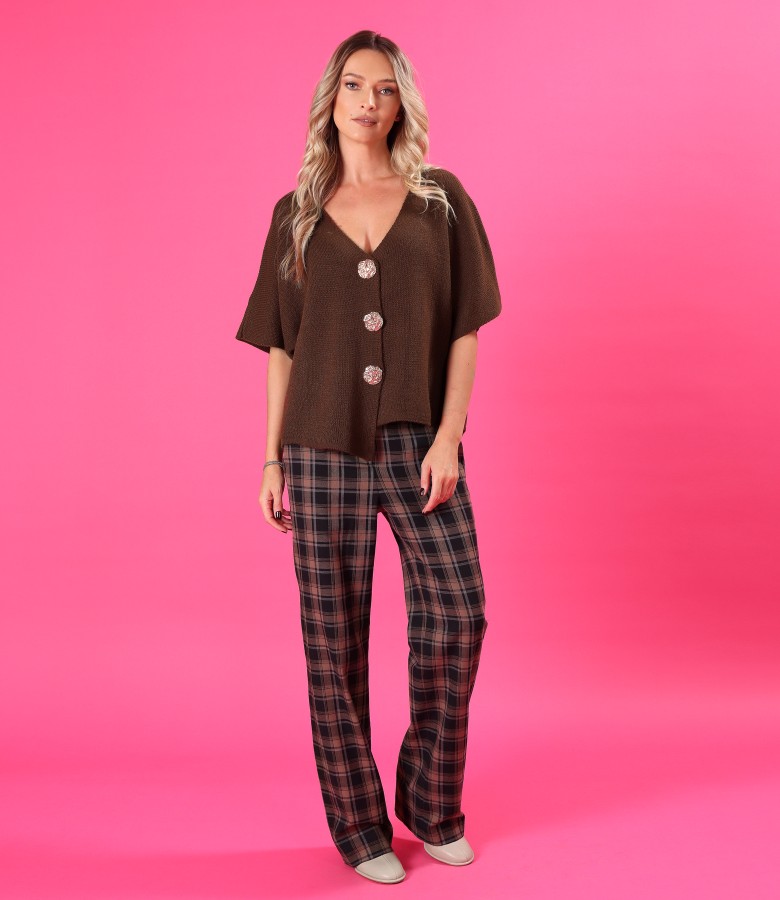 Relaxed-knit cardigan with checked cotton trousers
