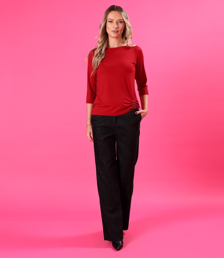 Stretch jersey blouse with straight-leg trousers in heavyweight lycra-blend fabric
