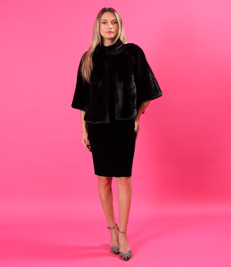 Black stretch velvet dress with detachable bow brooch