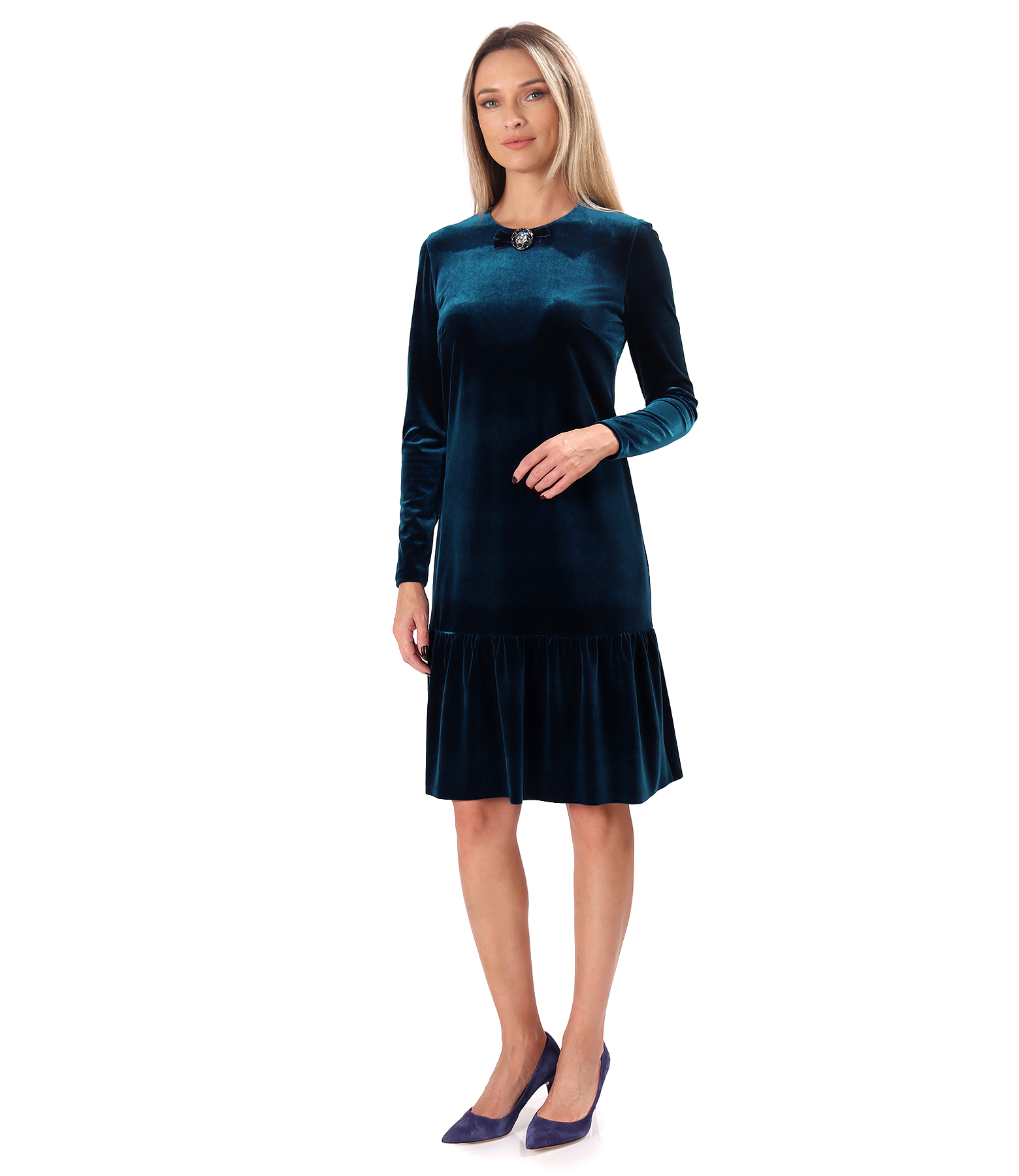 Elegant stretch velvet dress with flounce hem and brooch at the neckline