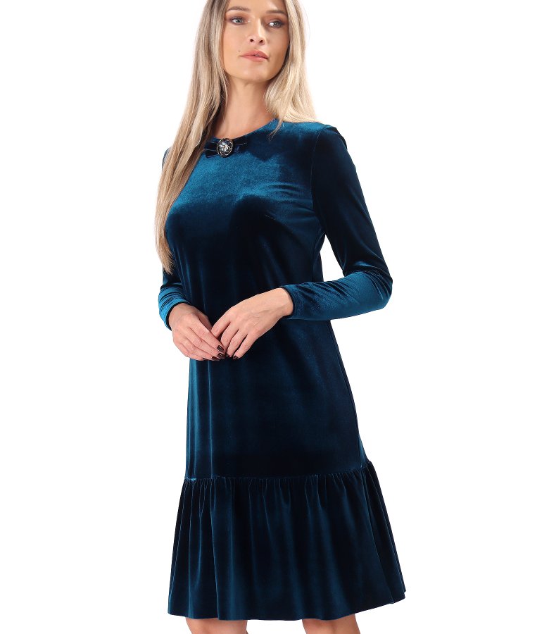 Elegant stretch velvet dress with flounce hem and brooch at the neckline