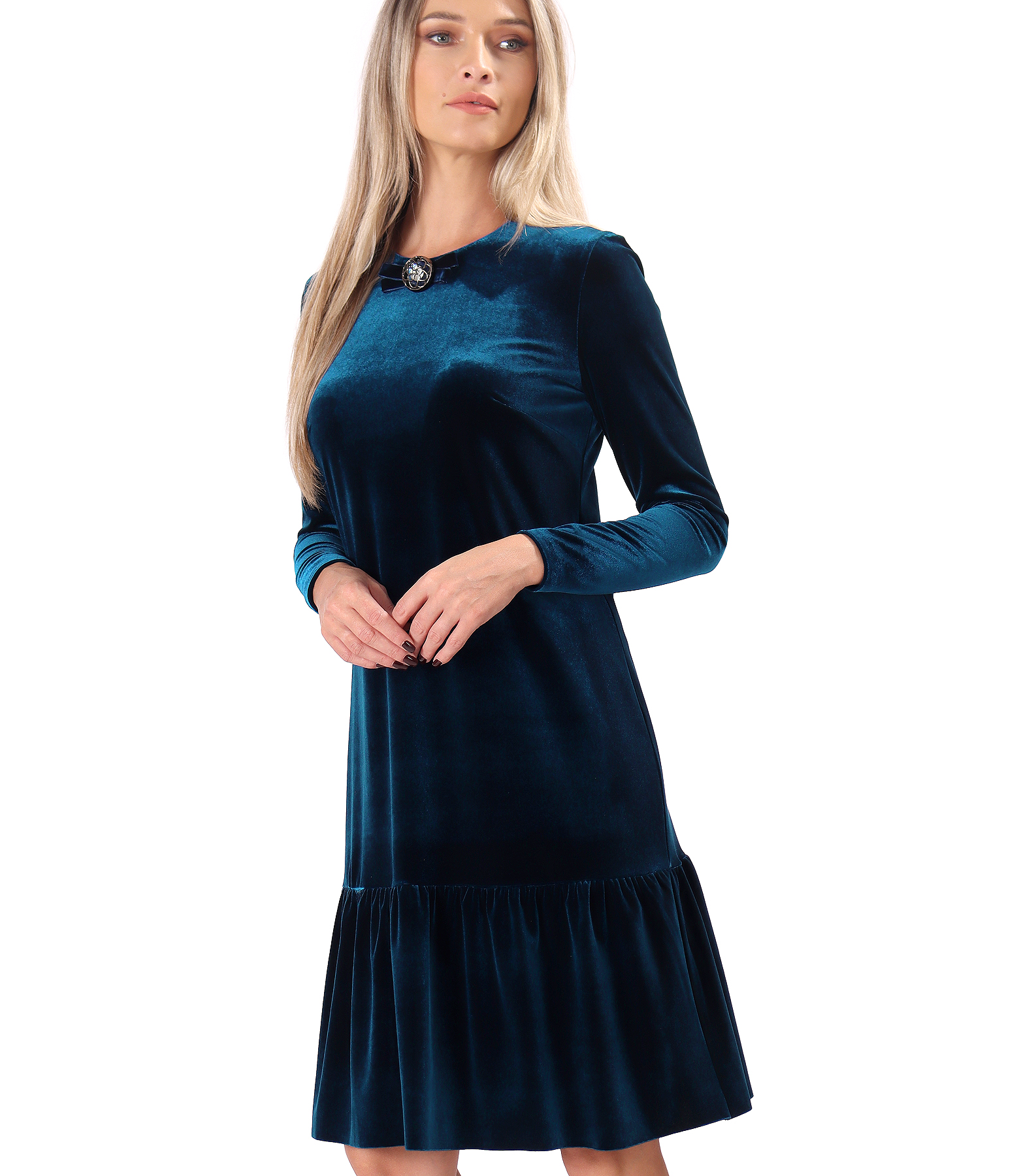 Elegant stretch velvet dress with flounce hem and brooch at the neckline