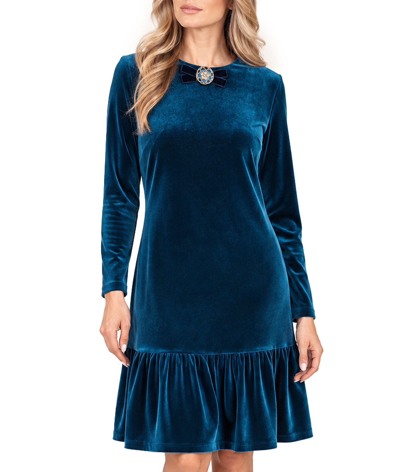Elegant stretch velvet dress with flounce hem and brooch at the neckline