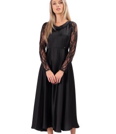 Satin midi dress with long lace sleeves