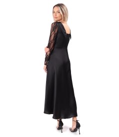Satin midi dress with long lace sleeves