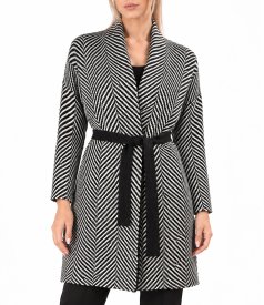 Cardigan lung tricotat cu lana si alpaca, cu model zigzag si cordon in talie