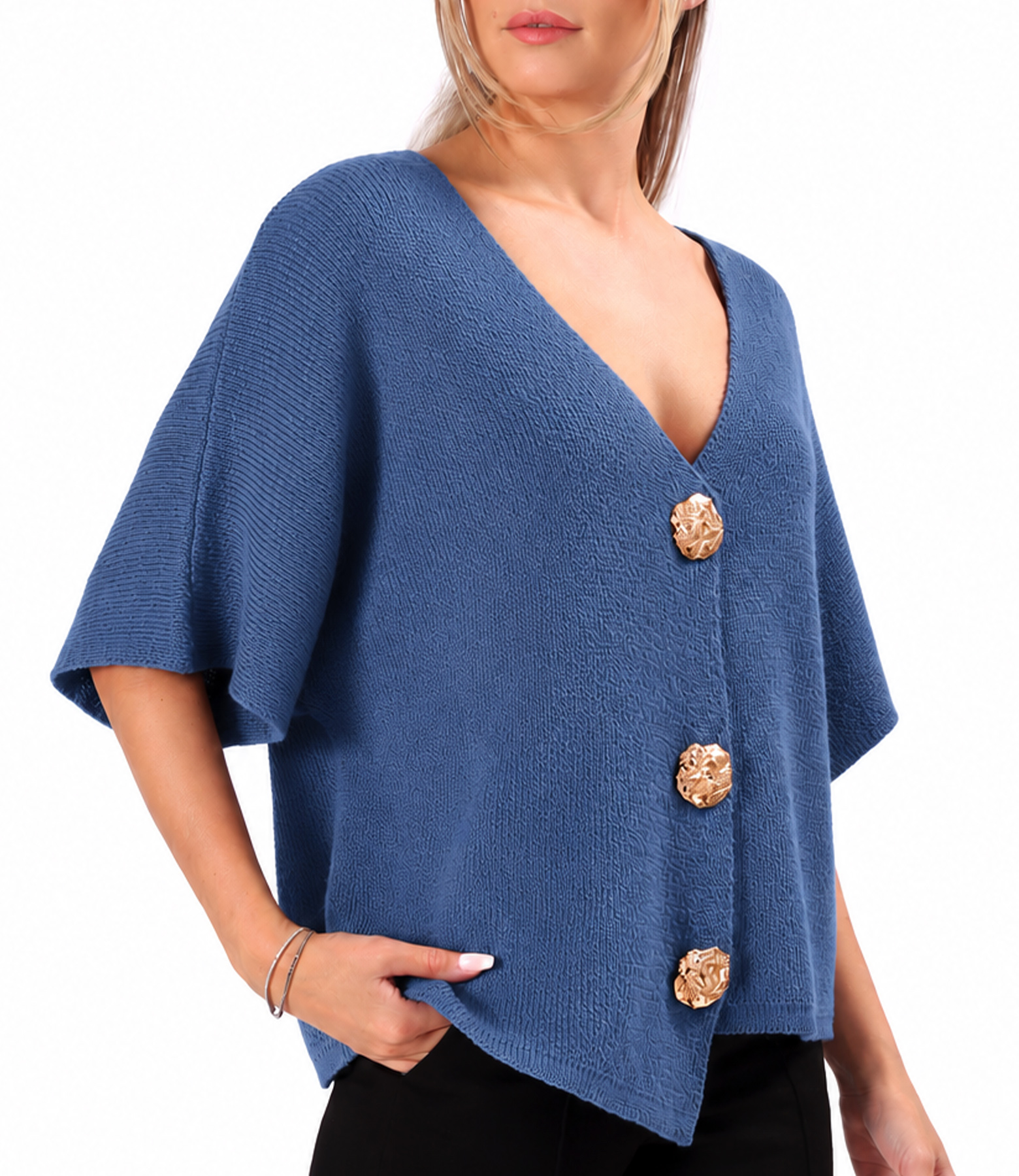 Relaxed-fit knit cardigan with detachable brooch-style gold buttons