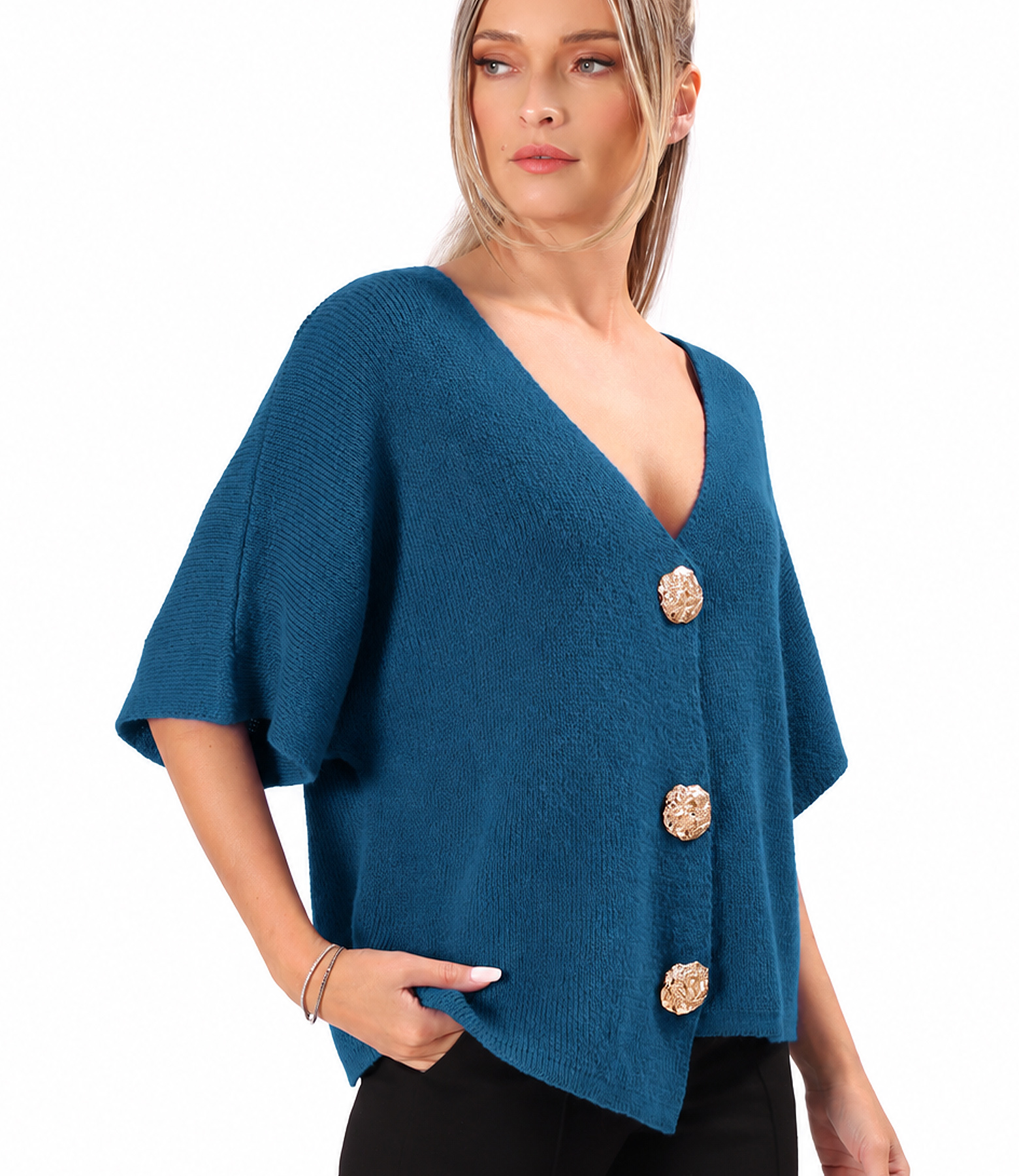 Relaxed-fit knit cardigan with detachable brooch-style gold buttons